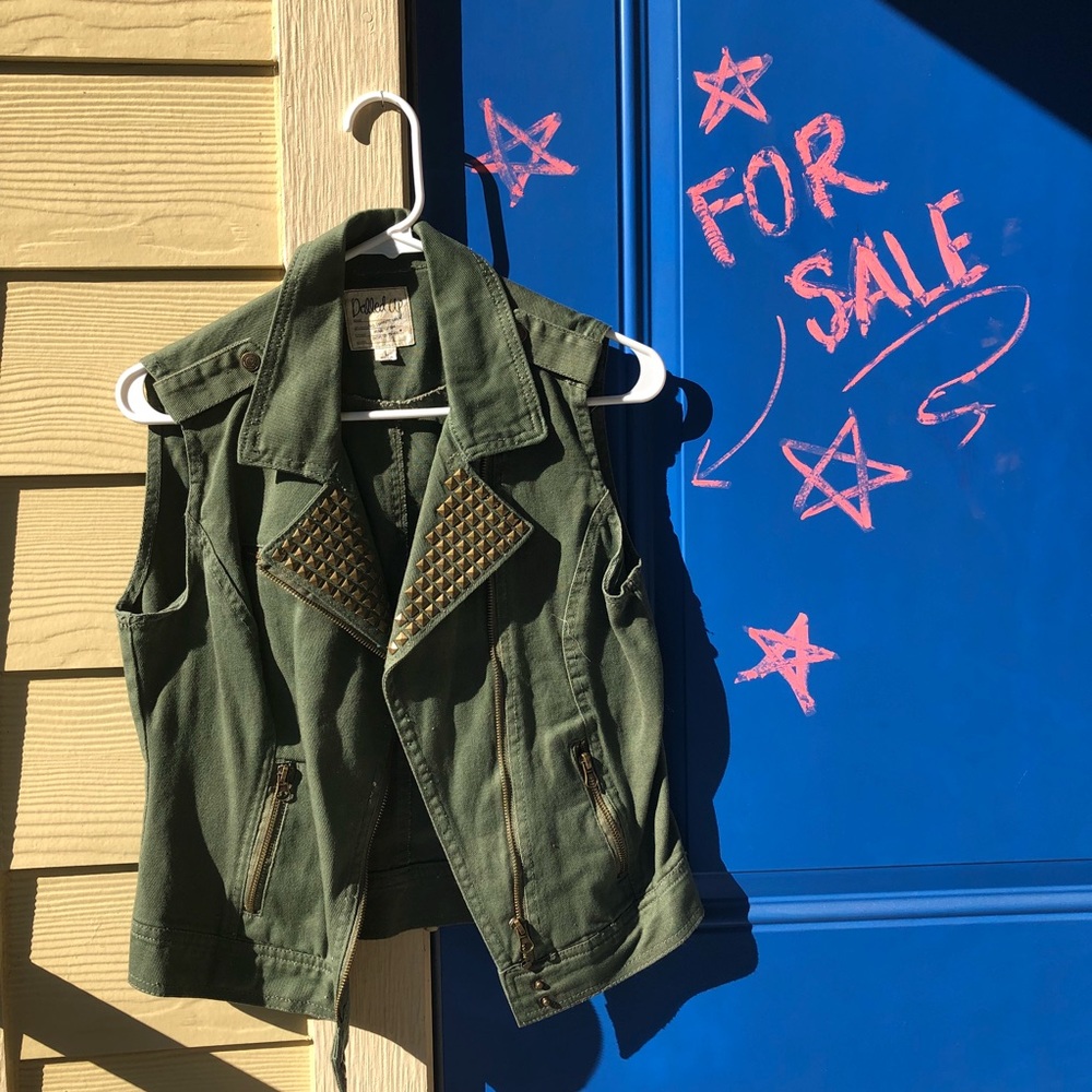 Olive green bronze studded sleeveless jean jacket